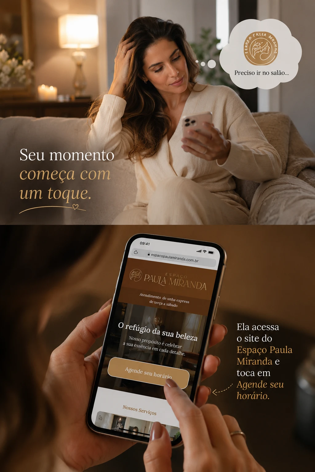Cliente acessa o site do Espaço Paula Miranda pelo celular e toca em Agende seu horário