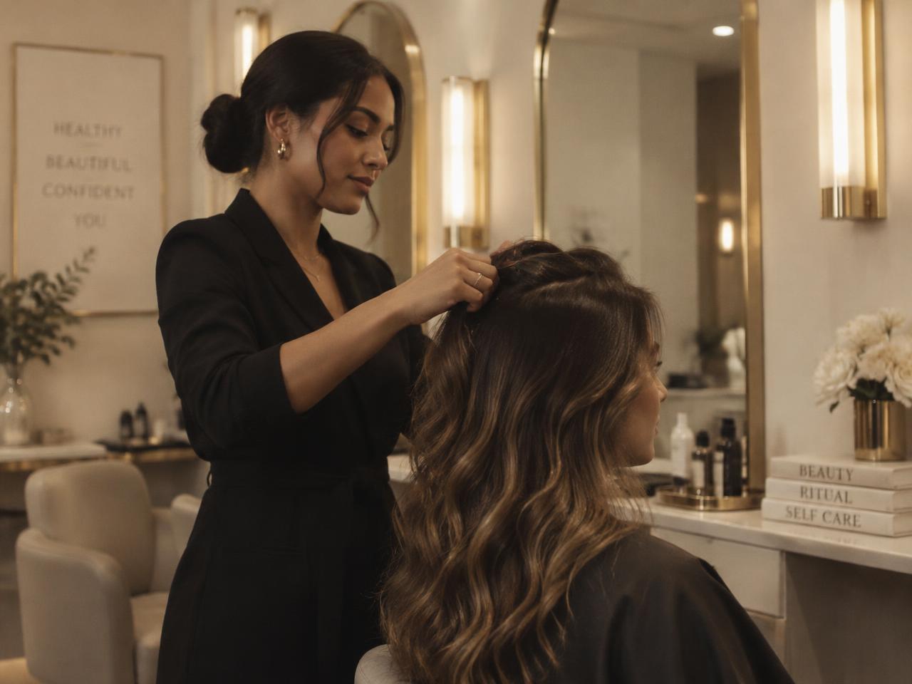 Profissional de beleza atendendo cliente em salão